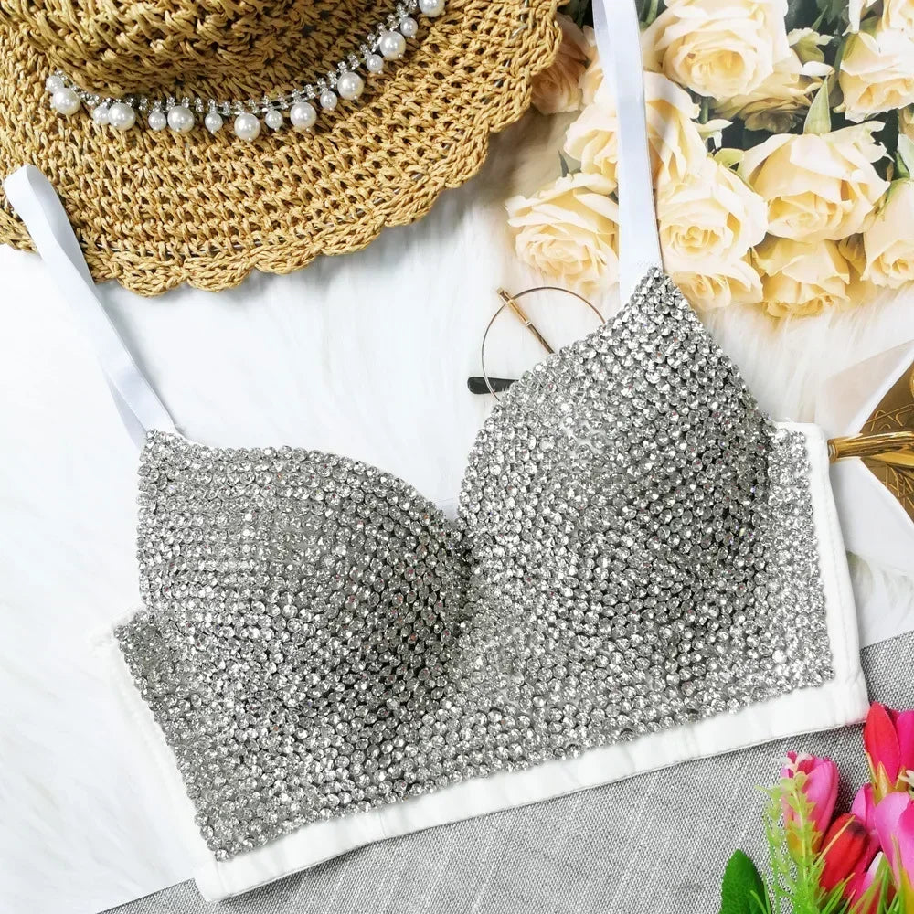 Sparkling Rhinestone Women Corset Top High-end Party Underbust Corsets Festival Steampunk Bustier Sexy Push Up Bra Lingerie