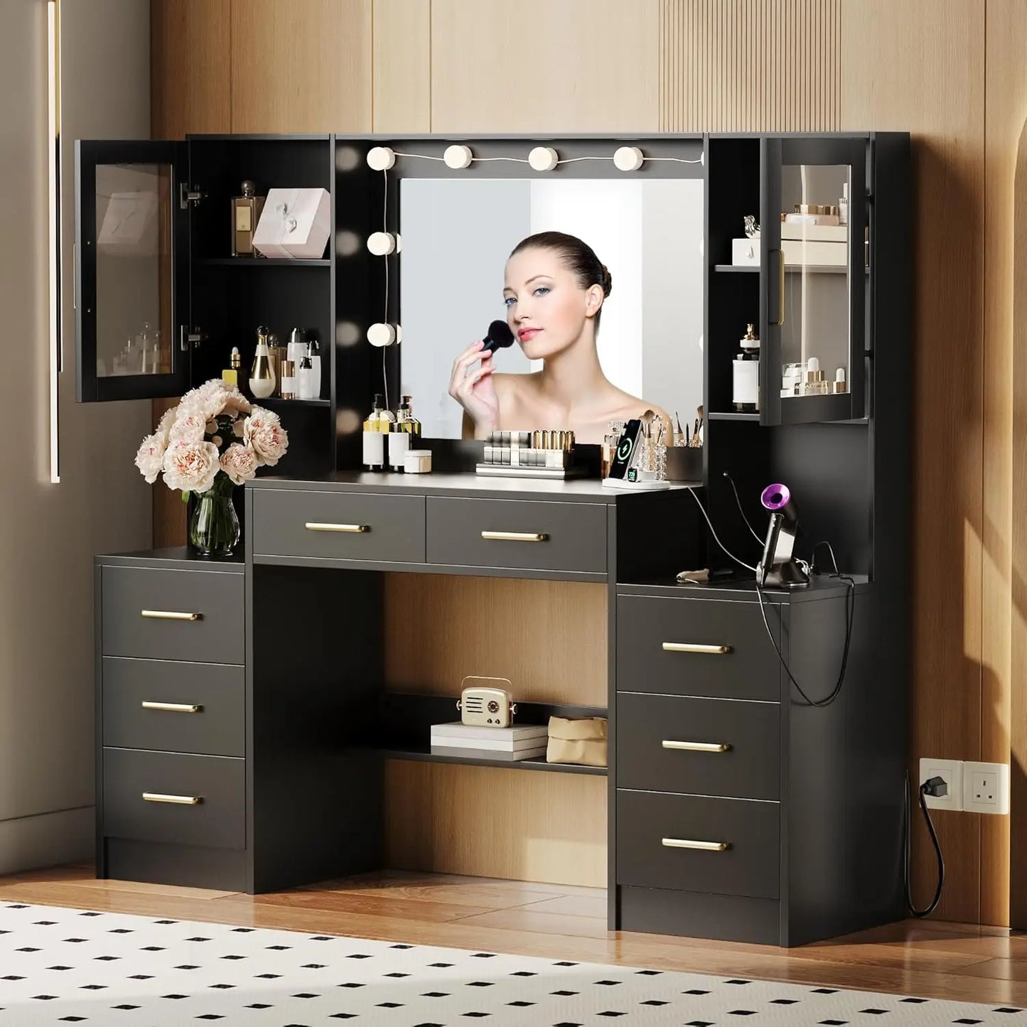Makeup Vanity Desk with Mirror and Lights, 58.3" Makeup Vanity with Lights & Charging Station, Dressing Table, Customized