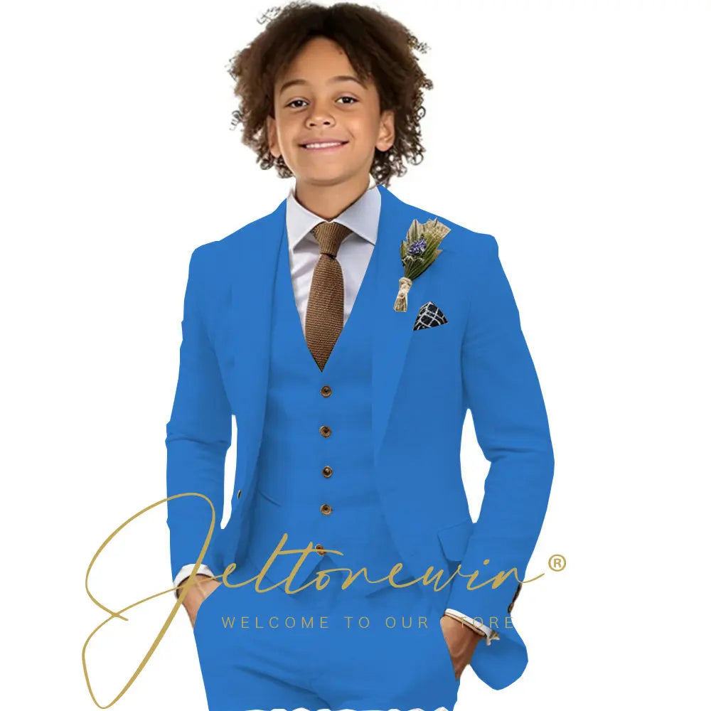 Casual Beige Linen Suits for Boy 3 Pieces Blazer Vest Pants Set Peaked Lapel Kids Suit Wedding Summer Beach Prom Party Tuxedo