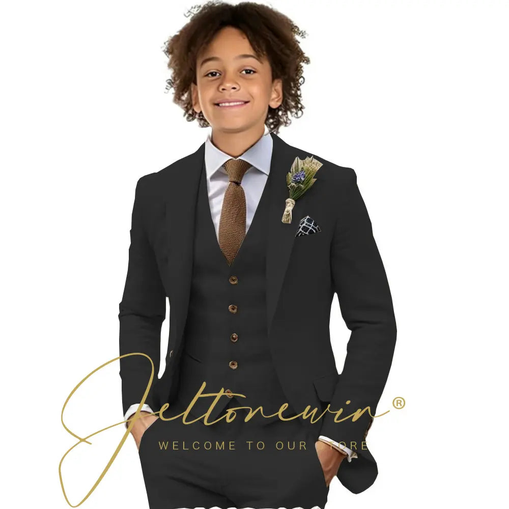 Casual Beige Linen Suits for Boy 3 Pieces Blazer Vest Pants Set Peaked Lapel Kids Suit Wedding Summer Beach Prom Party Tuxedo