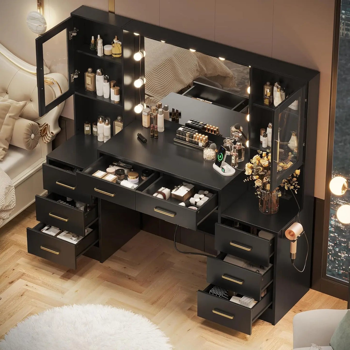 Makeup Vanity Desk with Mirror and Lights, 58.3" Makeup Vanity with Lights & Charging Station, Dressing Table, Customized