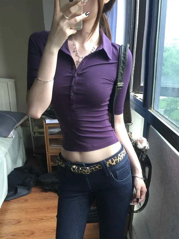 Genayooa Japanese Y2k Tops 2000s Slim Half Sleeve T-shirt Women Turn Down Collar Purple Casual Polo Shirt Streetwear Tee Tops