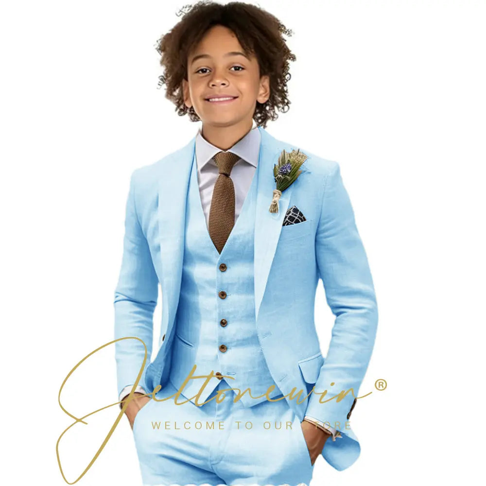 Casual Beige Linen Suits for Boy 3 Pieces Blazer Vest Pants Set Peaked Lapel Kids Suit Wedding Summer Beach Prom Party Tuxedo