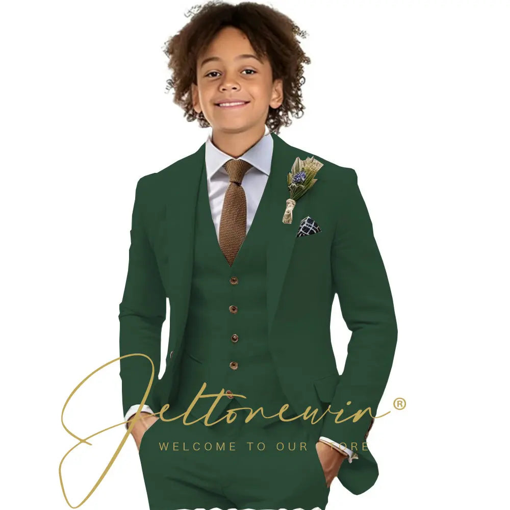 Casual Beige Linen Suits for Boy 3 Pieces Blazer Vest Pants Set Peaked Lapel Kids Suit Wedding Summer Beach Prom Party Tuxedo