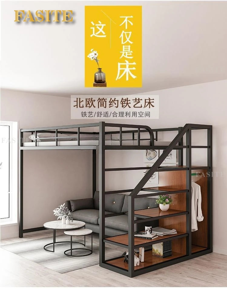 Wrought iron elevated bed empty single upper double-layer small apartment space-saving loft upper and lower bunk apartment