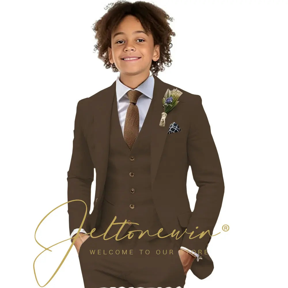 Casual Beige Linen Suits for Boy 3 Pieces Blazer Vest Pants Set Peaked Lapel Kids Suit Wedding Summer Beach Prom Party Tuxedo
