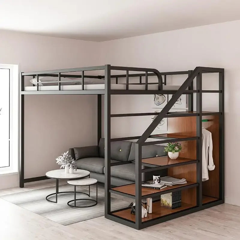 Wrought iron elevated bed empty single upper double-layer small apartment space-saving loft upper and lower bunk apartment