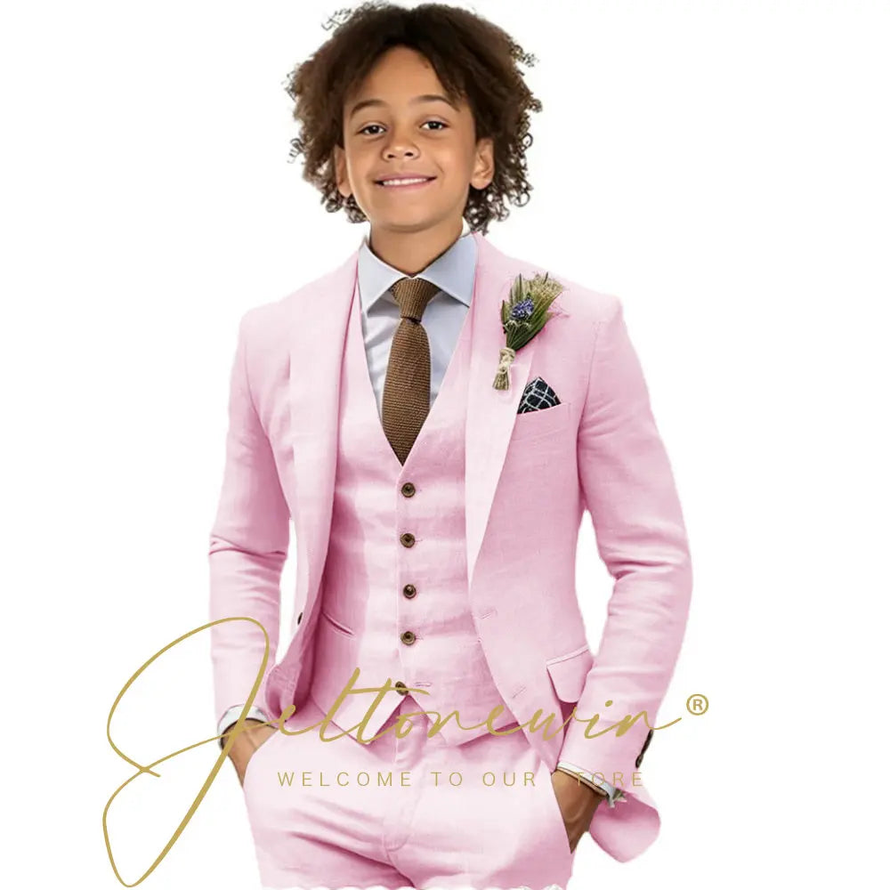 Casual Beige Linen Suits for Boy 3 Pieces Blazer Vest Pants Set Peaked Lapel Kids Suit Wedding Summer Beach Prom Party Tuxedo