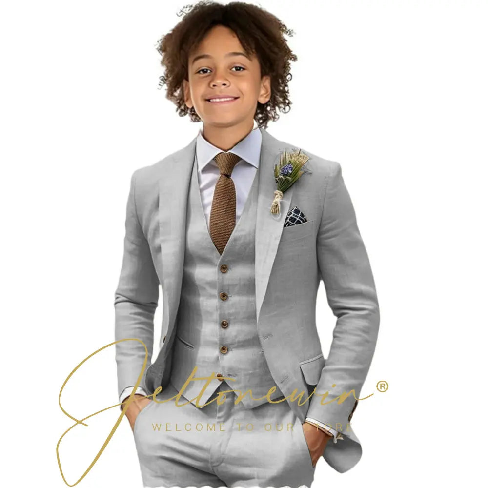 Casual Beige Linen Suits for Boy 3 Pieces Blazer Vest Pants Set Peaked Lapel Kids Suit Wedding Summer Beach Prom Party Tuxedo