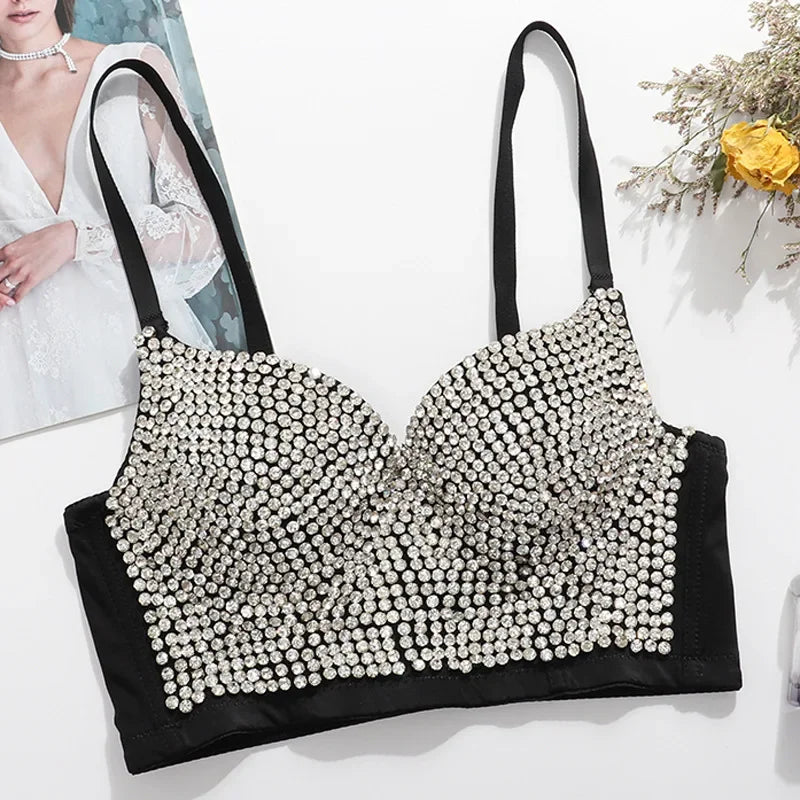 Sparkling Rhinestone Women Corset Top High-end Party Underbust Corsets Festival Steampunk Bustier Sexy Push Up Bra Lingerie
