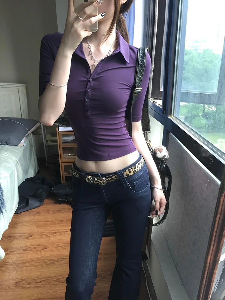 Genayooa Japanese Y2k Tops 2000s Slim Half Sleeve T-shirt Women Turn Down Collar Purple Casual Polo Shirt Streetwear Tee Tops