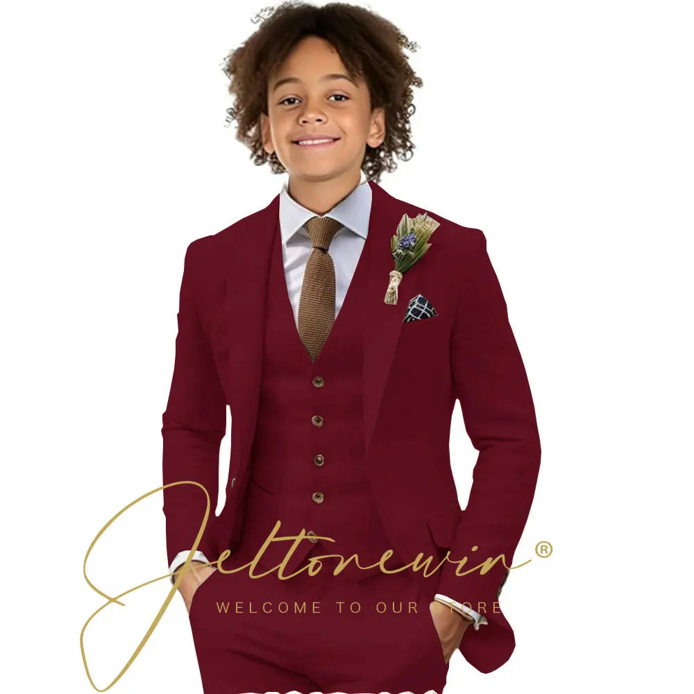 Casual Beige Linen Suits for Boy 3 Pieces Blazer Vest Pants Set Peaked Lapel Kids Suit Wedding Summer Beach Prom Party Tuxedo