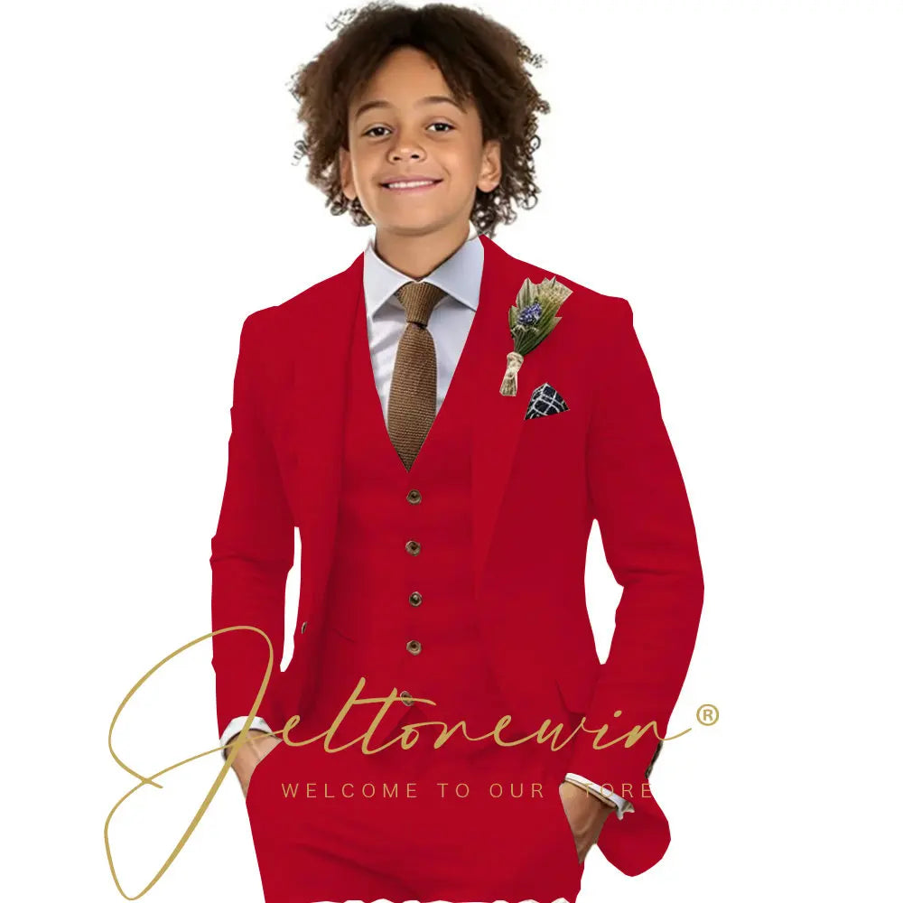 Casual Beige Linen Suits for Boy 3 Pieces Blazer Vest Pants Set Peaked Lapel Kids Suit Wedding Summer Beach Prom Party Tuxedo