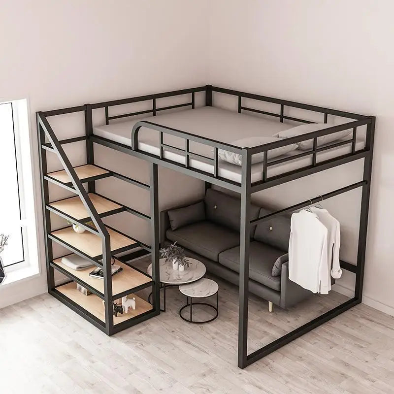 Wrought iron elevated bed empty single upper double-layer small apartment space-saving loft upper and lower bunk apartment