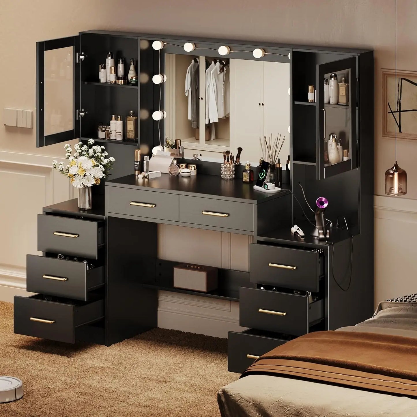 Makeup Vanity Desk with Mirror and Lights, 58.3" Makeup Vanity with Lights & Charging Station, Dressing Table, Customized