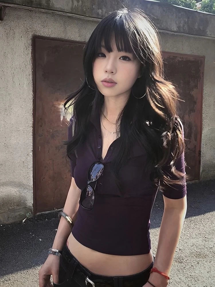 Genayooa Japanese Y2k Tops 2000s Slim Half Sleeve T-shirt Women Turn Down Collar Purple Casual Polo Shirt Streetwear Tee Tops