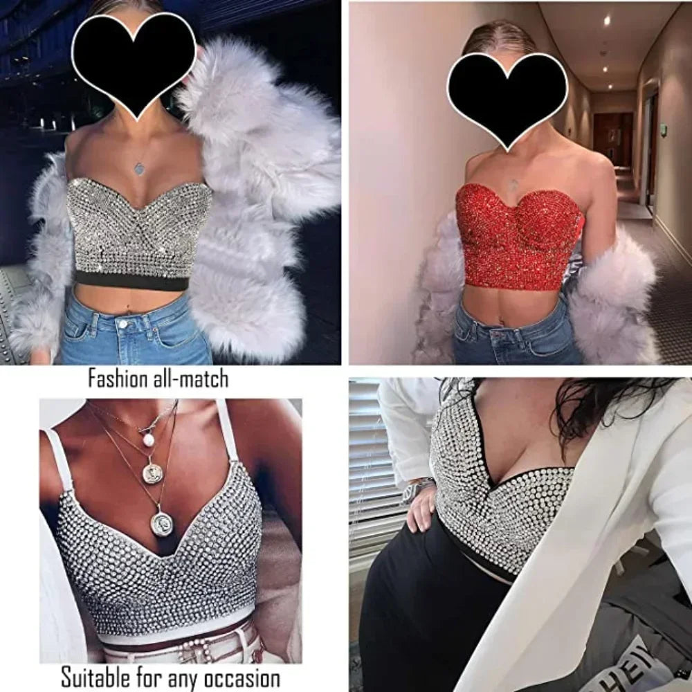 Sparkling Rhinestone Women Corset Top High-end Party Underbust Corsets Festival Steampunk Bustier Sexy Push Up Bra Lingerie