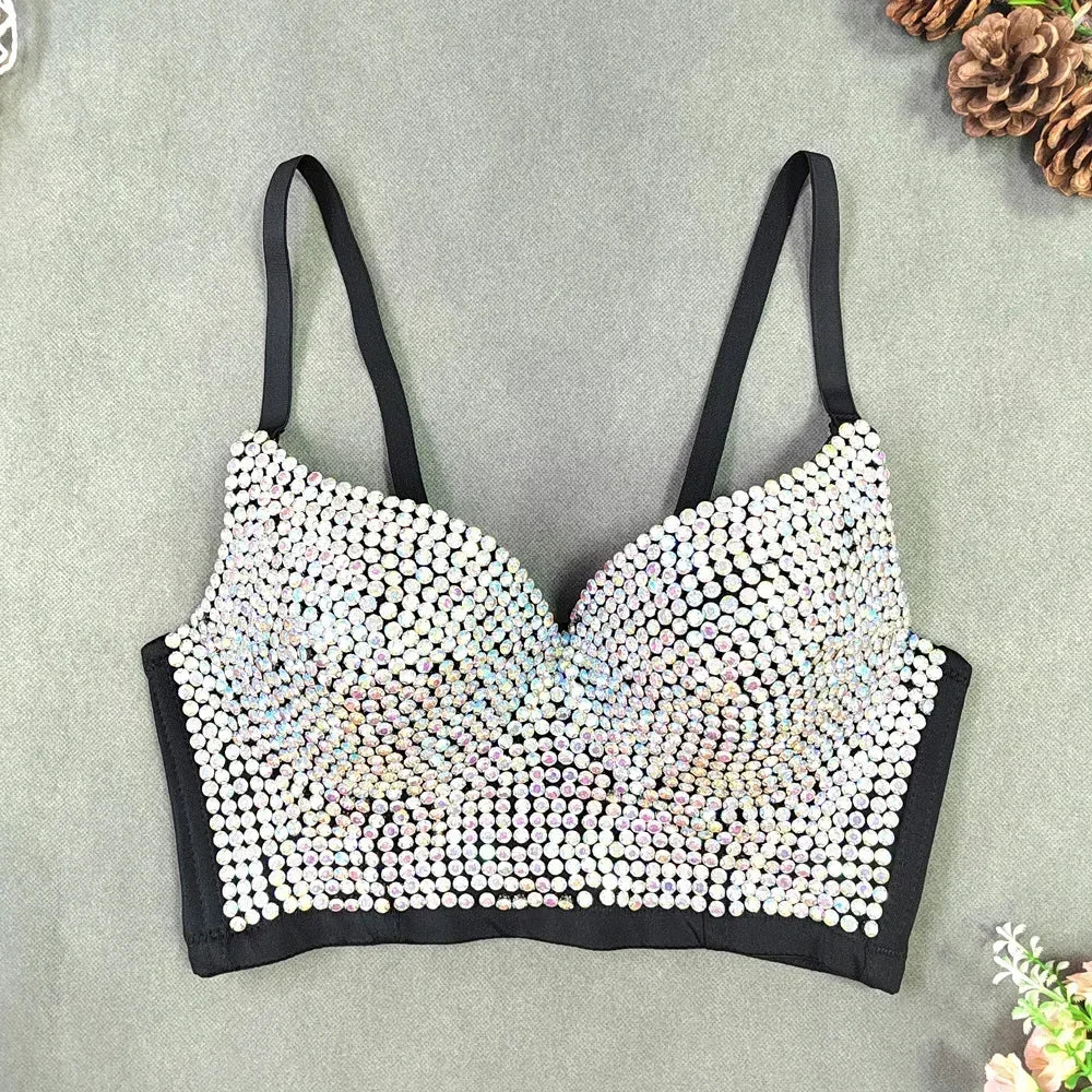 Sparkling Rhinestone Women Corset Top High-end Party Underbust Corsets Festival Steampunk Bustier Sexy Push Up Bra Lingerie