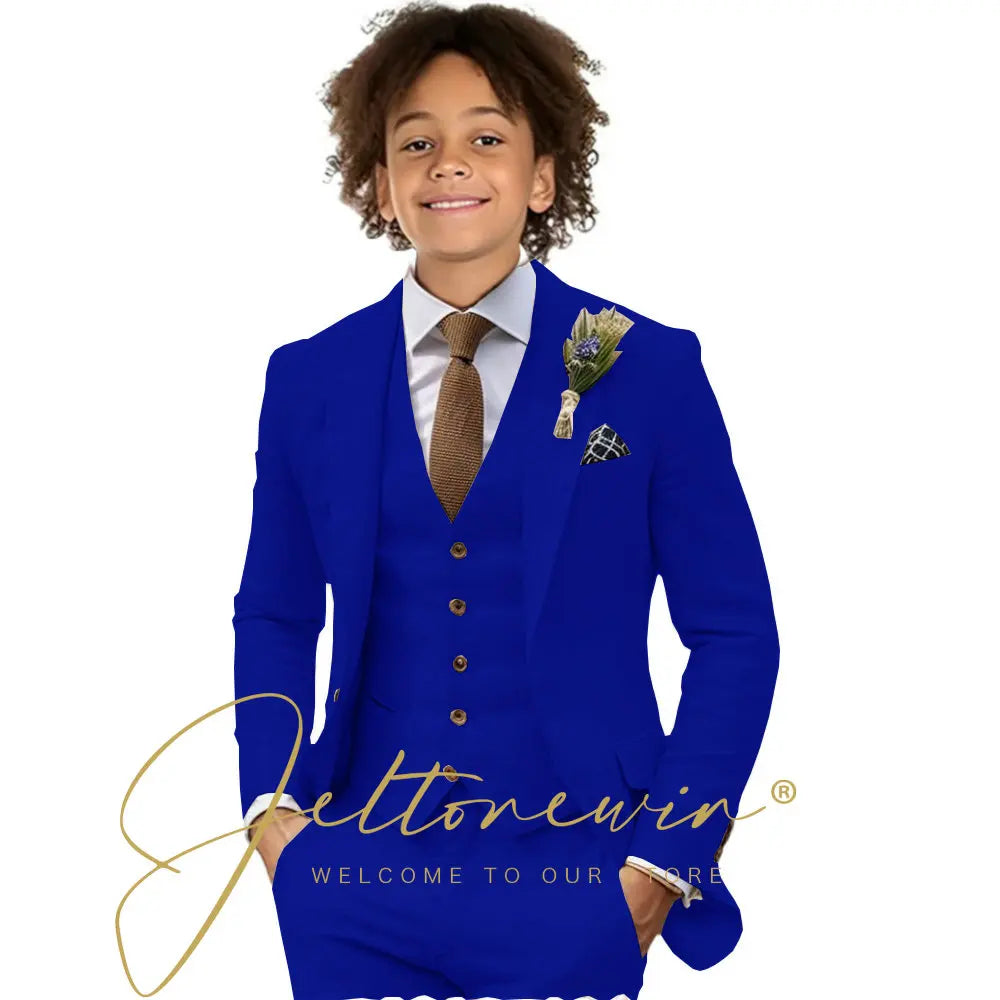 Casual Beige Linen Suits for Boy 3 Pieces Blazer Vest Pants Set Peaked Lapel Kids Suit Wedding Summer Beach Prom Party Tuxedo
