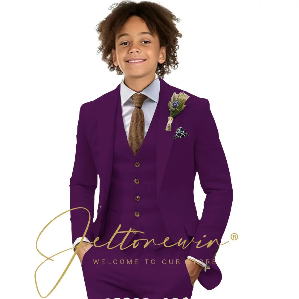 Casual Beige Linen Suits for Boy 3 Pieces Blazer Vest Pants Set Peaked Lapel Kids Suit Wedding Summer Beach Prom Party Tuxedo