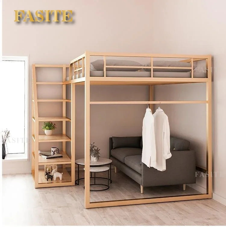 Wrought iron elevated bed empty single upper double-layer small apartment space-saving loft upper and lower bunk apartment
