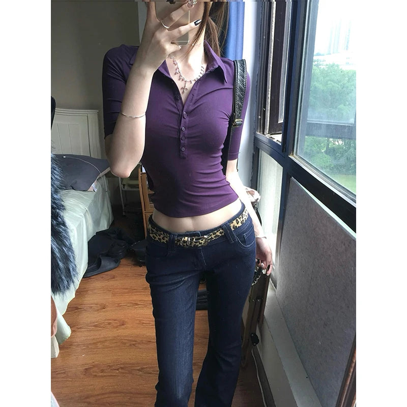Genayooa Japanese Y2k Tops 2000s Slim Half Sleeve T-shirt Women Turn Down Collar Purple Casual Polo Shirt Streetwear Tee Tops
