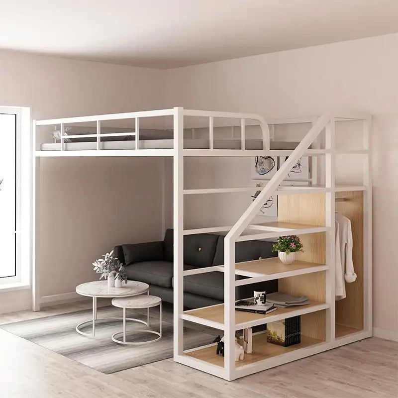 Wrought iron elevated bed empty single upper double-layer small apartment space-saving loft upper and lower bunk apartment