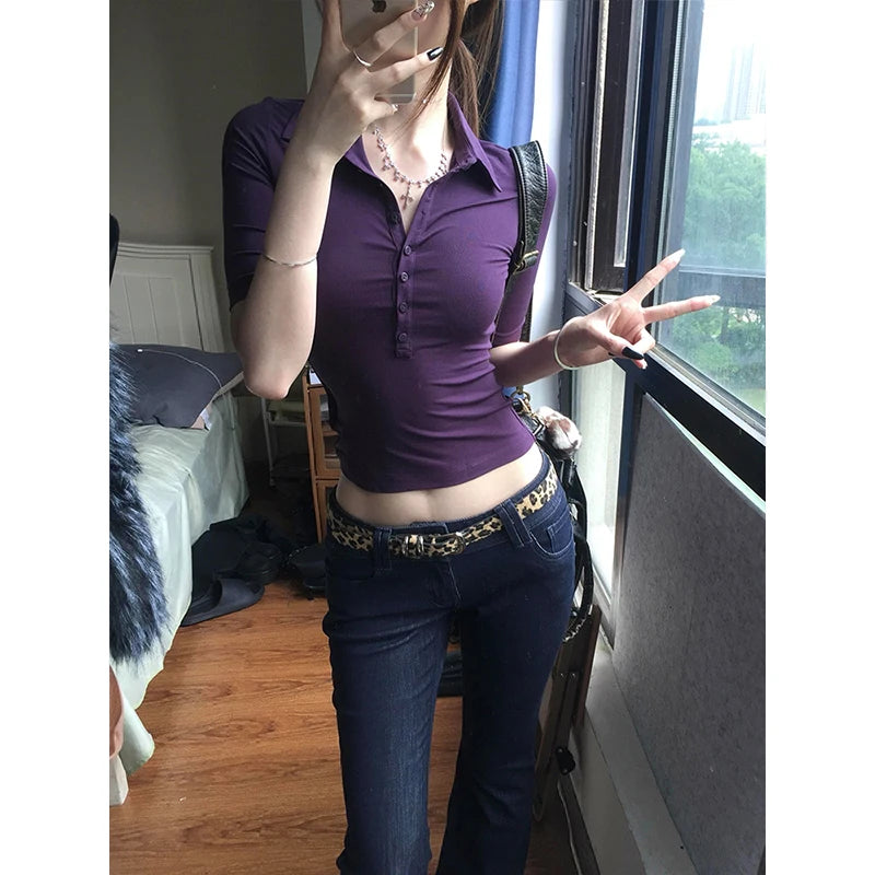 Genayooa Japanese Y2k Tops 2000s Slim Half Sleeve T-shirt Women Turn Down Collar Purple Casual Polo Shirt Streetwear Tee Tops