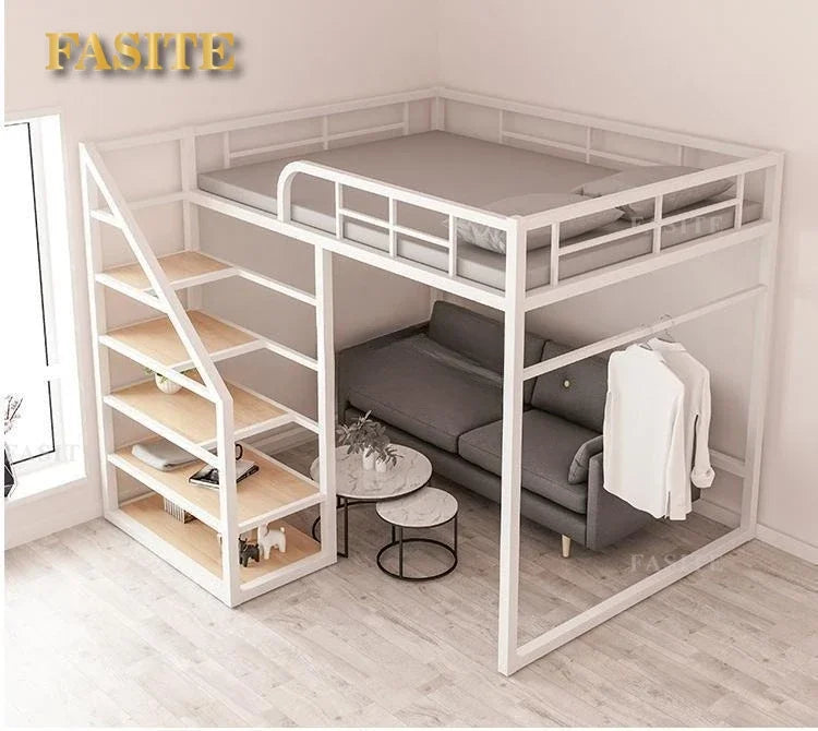 Wrought iron elevated bed empty single upper double-layer small apartment space-saving loft upper and lower bunk apartment
