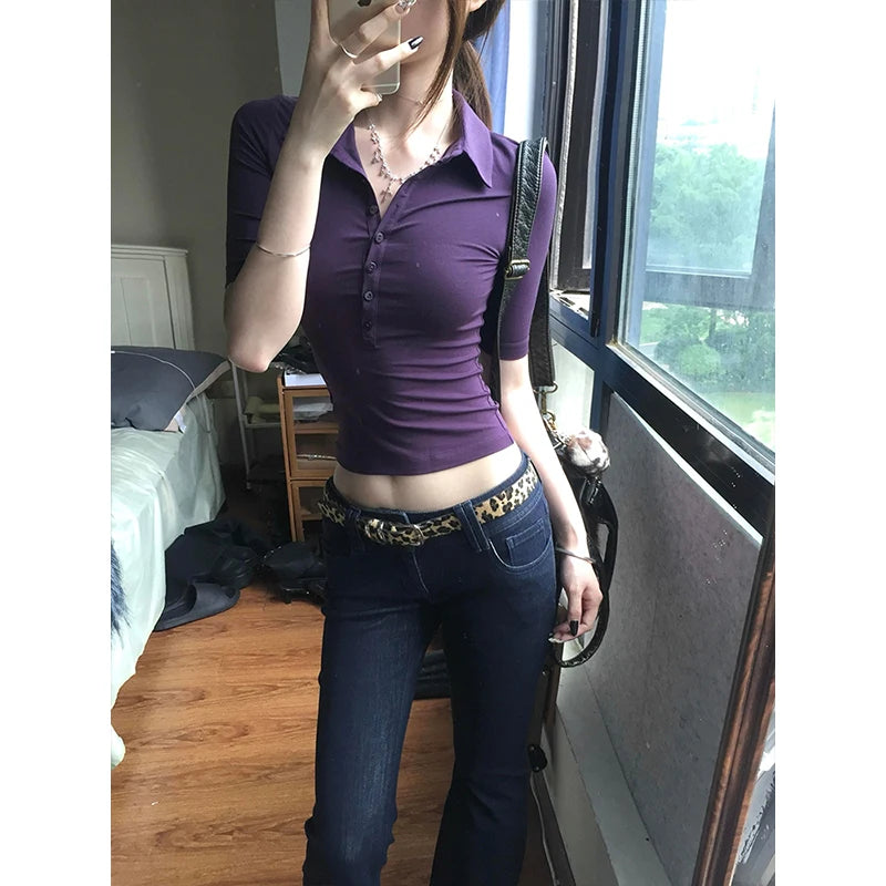 Genayooa Japanese Y2k Tops 2000s Slim Half Sleeve T-shirt Women Turn Down Collar Purple Casual Polo Shirt Streetwear Tee Tops