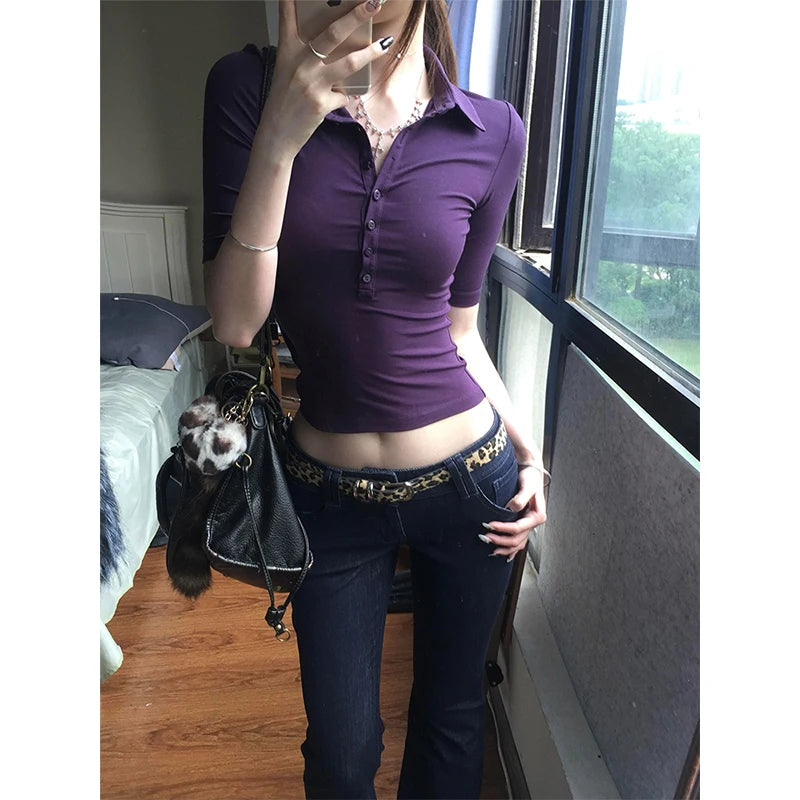 Genayooa Japanese Y2k Tops 2000s Slim Half Sleeve T-shirt Women Turn Down Collar Purple Casual Polo Shirt Streetwear Tee Tops