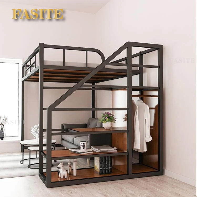 Wrought iron elevated bed empty single upper double-layer small apartment space-saving loft upper and lower bunk apartment