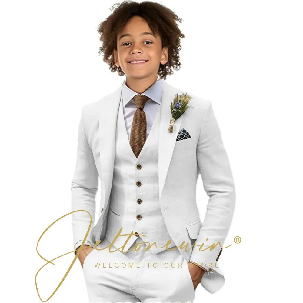 Casual Beige Linen Suits for Boy 3 Pieces Blazer Vest Pants Set Peaked Lapel Kids Suit Wedding Summer Beach Prom Party Tuxedo