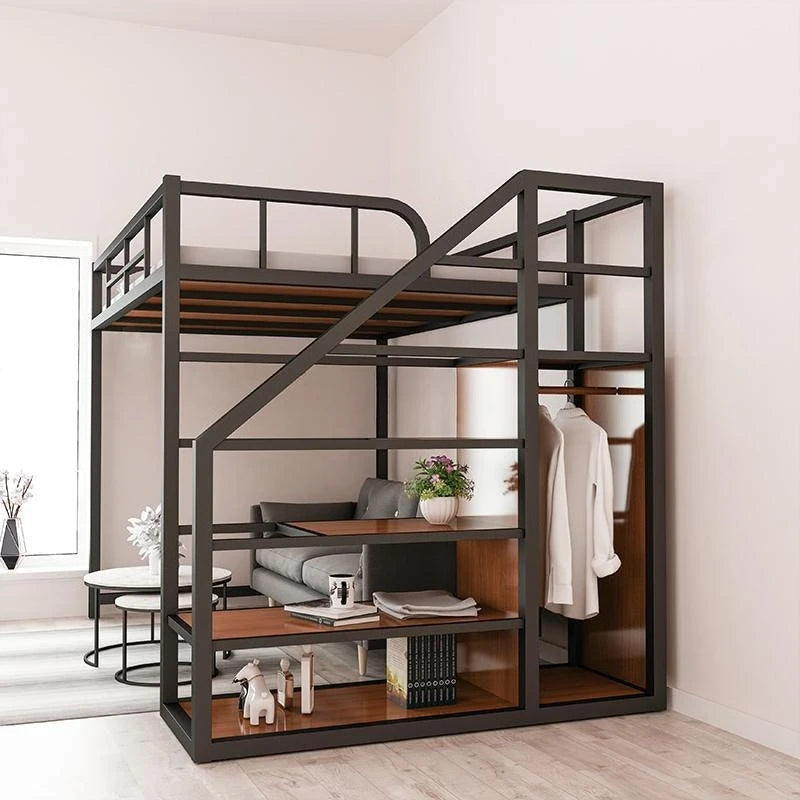 Wrought iron elevated bed empty single upper double-layer small apartment space-saving loft upper and lower bunk apartment