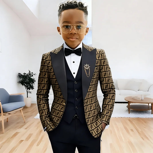 Fashion Floral Boys Suit 3 Pieces Wedding Tuxedos Single Breasted Formal Jacket Vest Pants Kids Blazer Set Slim Fit Child Outfit