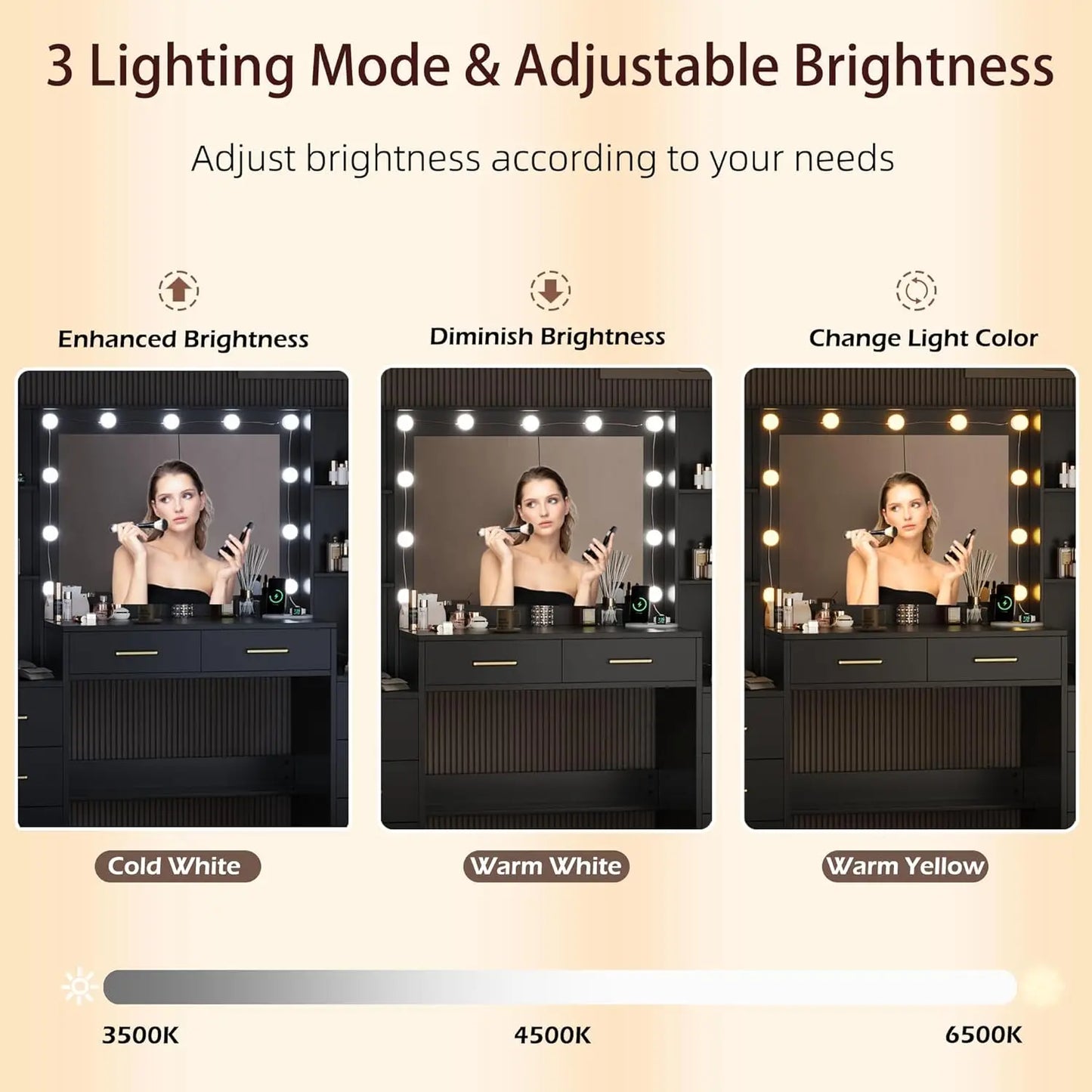 Makeup Vanity Desk with Mirror and Lights, 58.3" Makeup Vanity with Lights & Charging Station, Dressing Table, Customized