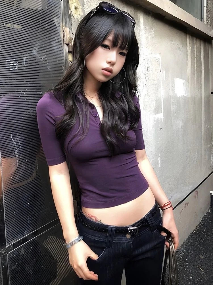 Genayooa Japanese Y2k Tops 2000s Slim Half Sleeve T-shirt Women Turn Down Collar Purple Casual Polo Shirt Streetwear Tee Tops
