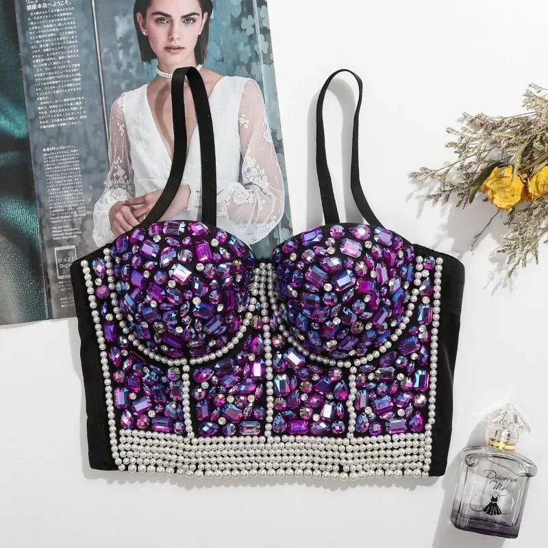 Sparkling Rhinestone Women Corset Top High-end Party Underbust Corsets Festival Steampunk Bustier Sexy Push Up Bra Lingerie