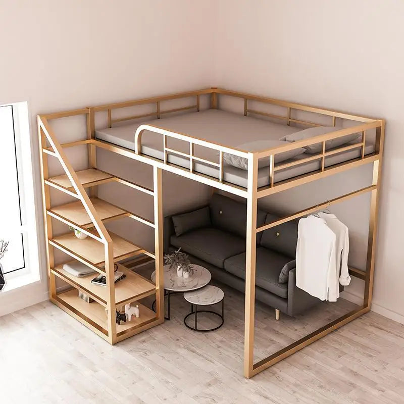 Wrought iron elevated bed empty single upper double-layer small apartment space-saving loft upper and lower bunk apartment