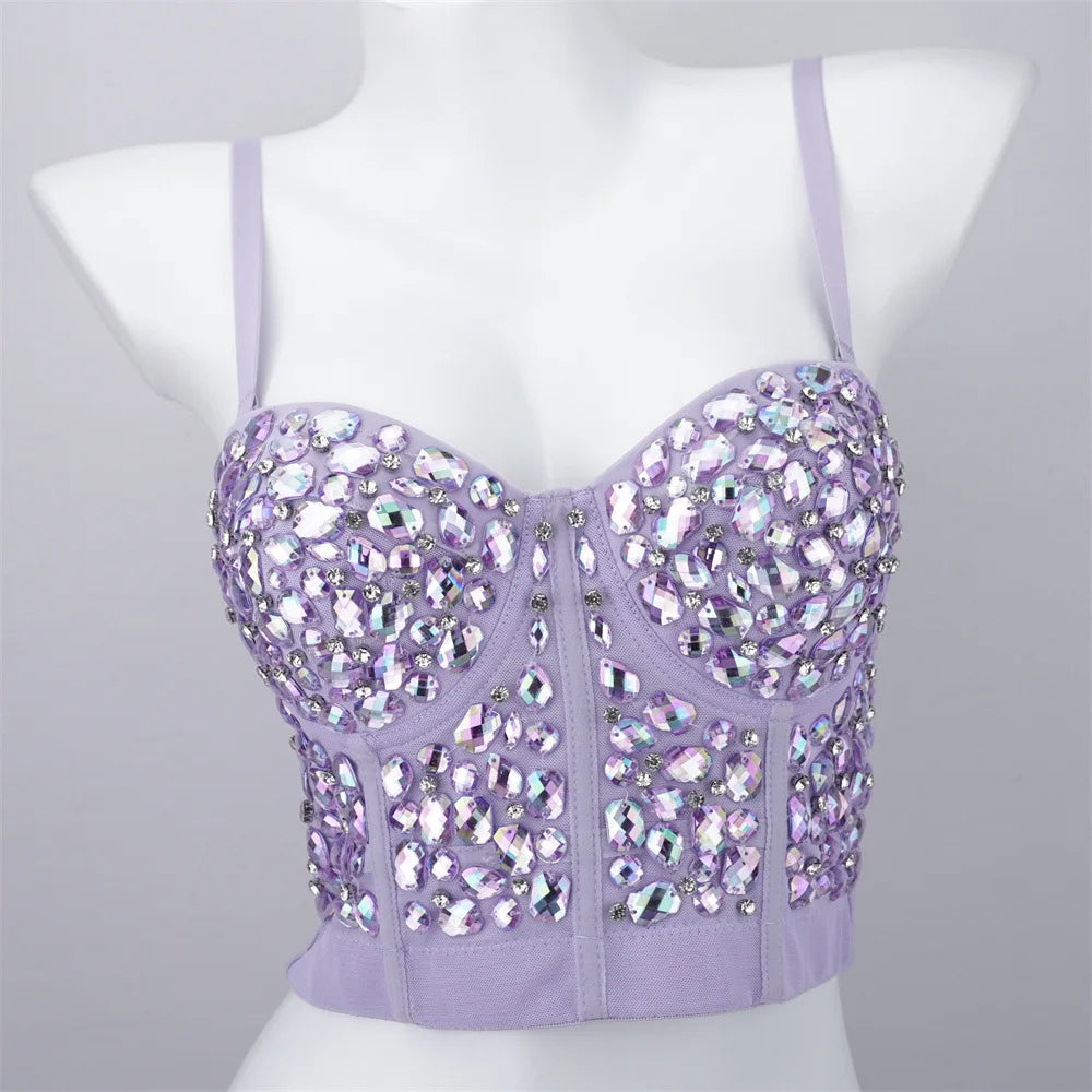 Sparkling Rhinestone Women Corset Top High-end Party Underbust Corsets Festival Steampunk Bustier Sexy Push Up Bra Lingerie
