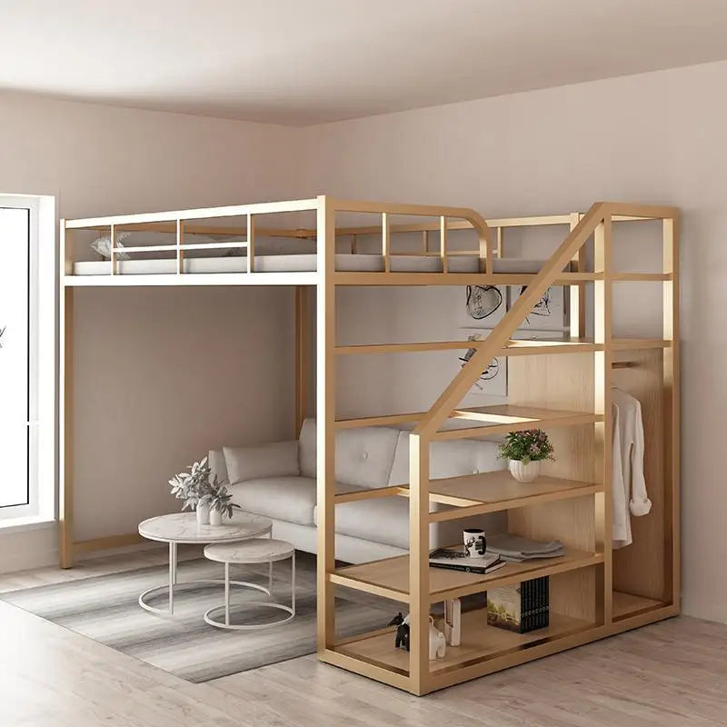 Wrought iron elevated bed empty single upper double-layer small apartment space-saving loft upper and lower bunk apartment