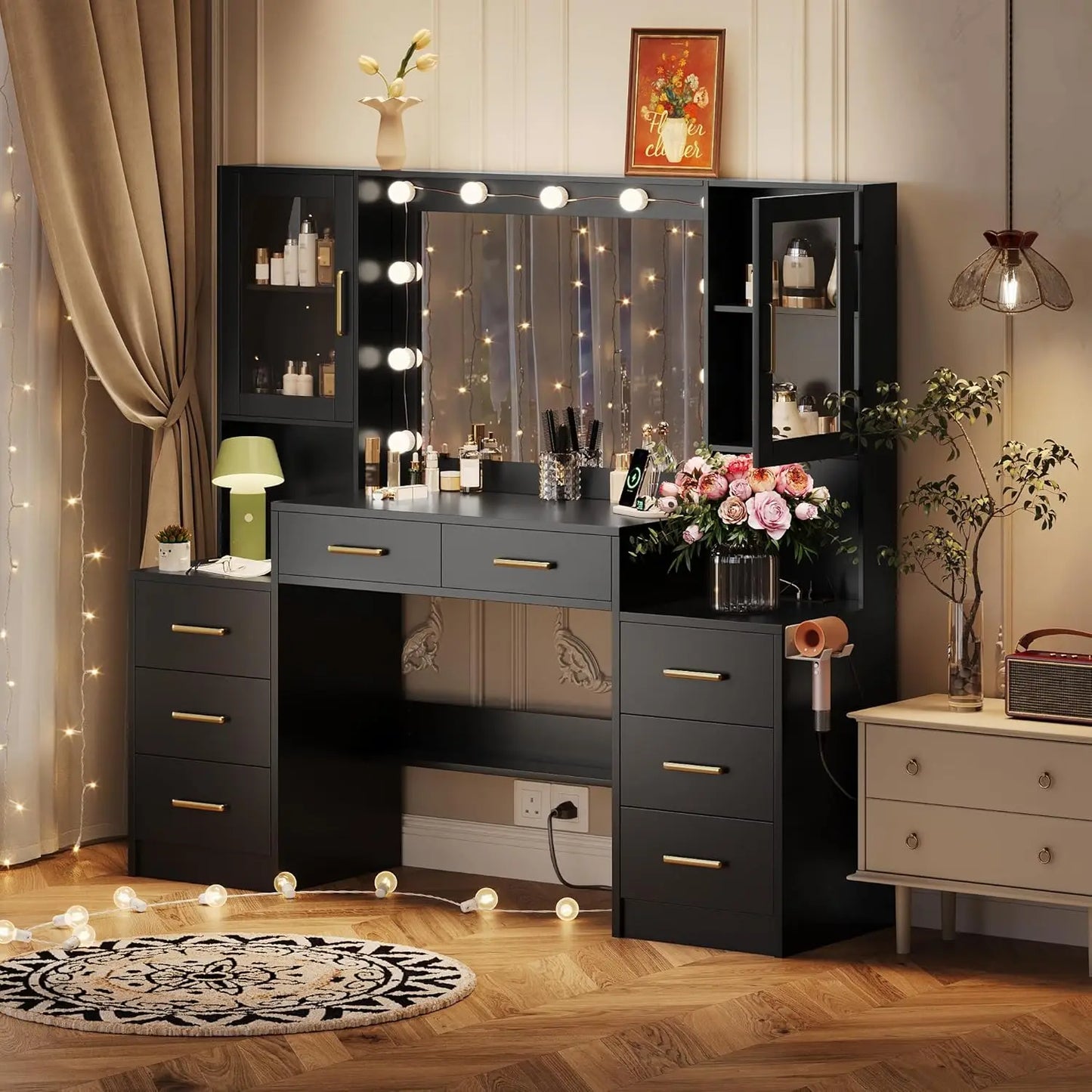 Makeup Vanity Desk with Mirror and Lights, 58.3" Makeup Vanity with Lights & Charging Station, Dressing Table, Customized