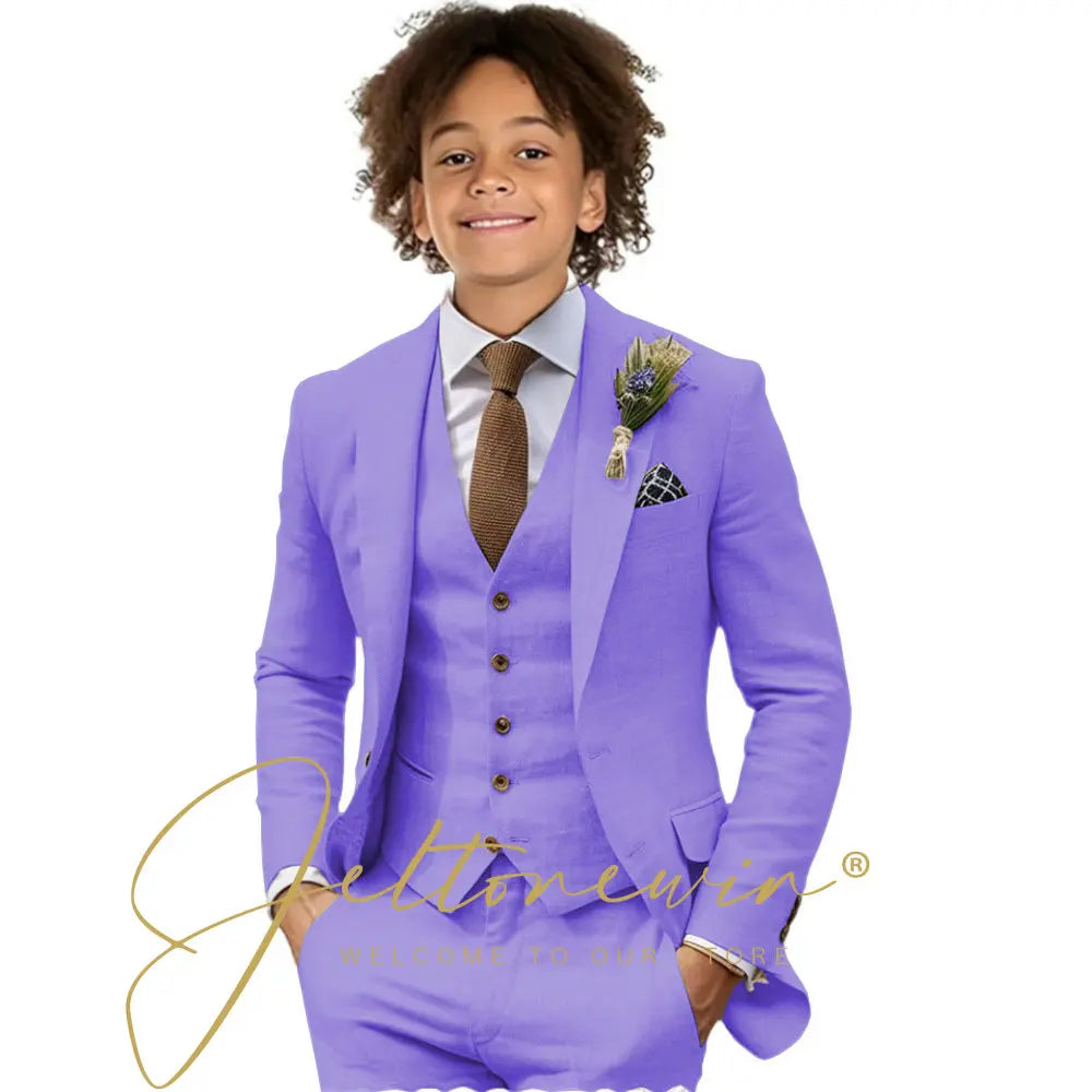 Casual Beige Linen Suits for Boy 3 Pieces Blazer Vest Pants Set Peaked Lapel Kids Suit Wedding Summer Beach Prom Party Tuxedo