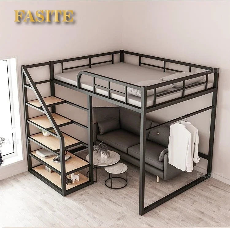 Wrought iron elevated bed empty single upper double-layer small apartment space-saving loft upper and lower bunk apartment