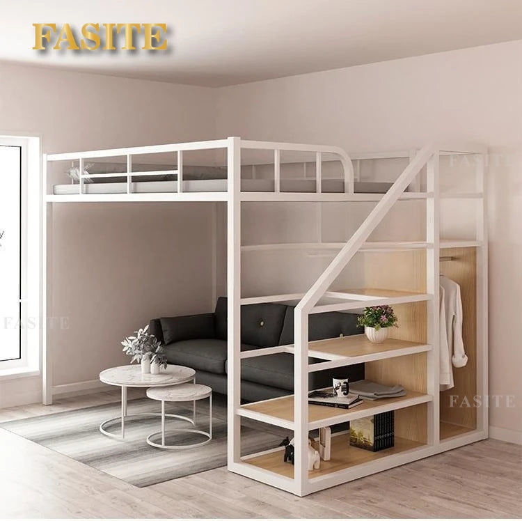 Wrought iron elevated bed empty single upper double-layer small apartment space-saving loft upper and lower bunk apartment