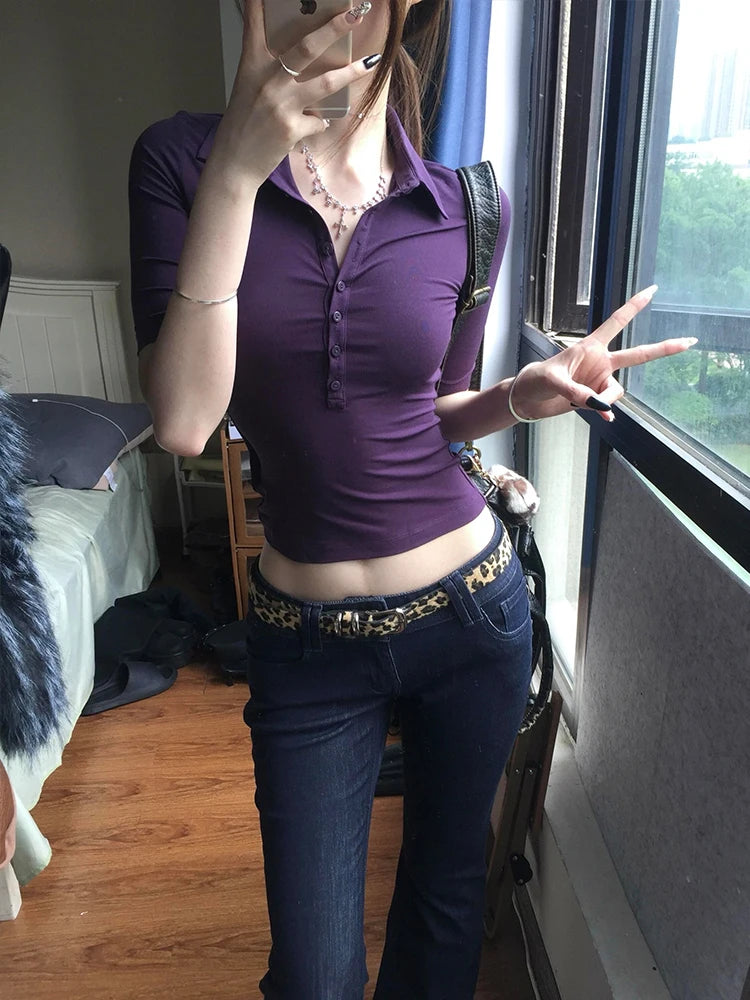Genayooa Japanese Y2k Tops 2000s Slim Half Sleeve T-shirt Women Turn Down Collar Purple Casual Polo Shirt Streetwear Tee Tops