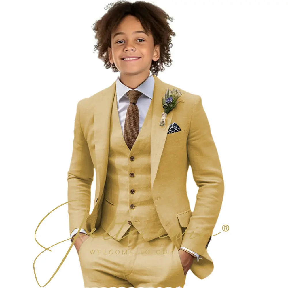 Casual Beige Linen Suits for Boy 3 Pieces Blazer Vest Pants Set Peaked Lapel Kids Suit Wedding Summer Beach Prom Party Tuxedo