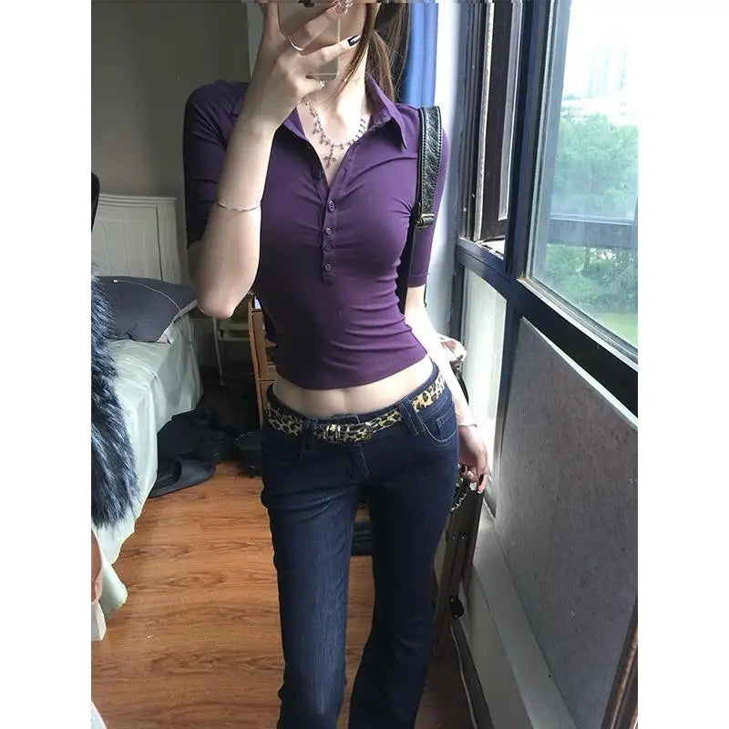 Genayooa Japanese Y2k Tops 2000s Slim Half Sleeve T-shirt Women Turn Down Collar Purple Casual Polo Shirt Streetwear Tee Tops