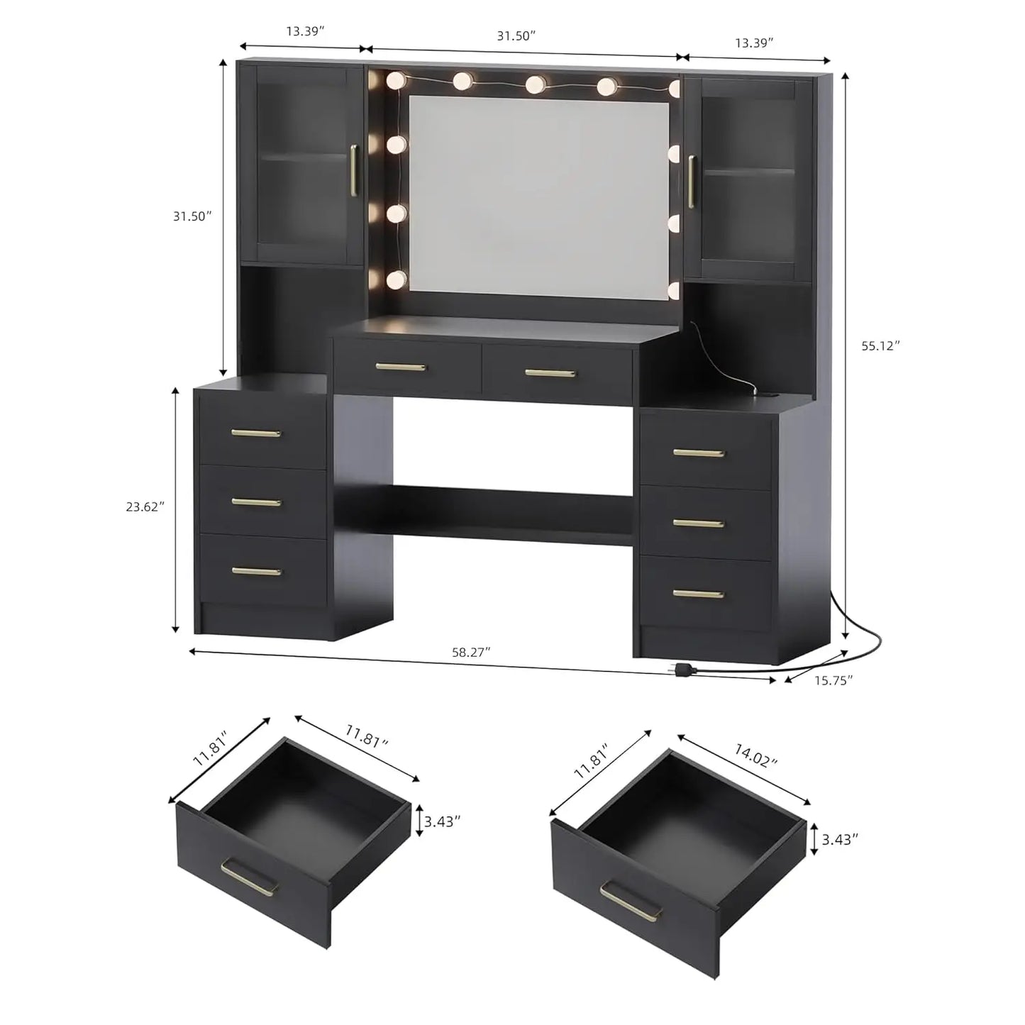 Makeup Vanity Desk with Mirror and Lights, 58.3" Makeup Vanity with Lights & Charging Station, Dressing Table, Customized