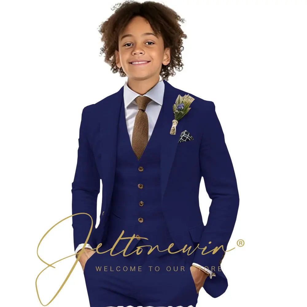 Casual Beige Linen Suits for Boy 3 Pieces Blazer Vest Pants Set Peaked Lapel Kids Suit Wedding Summer Beach Prom Party Tuxedo